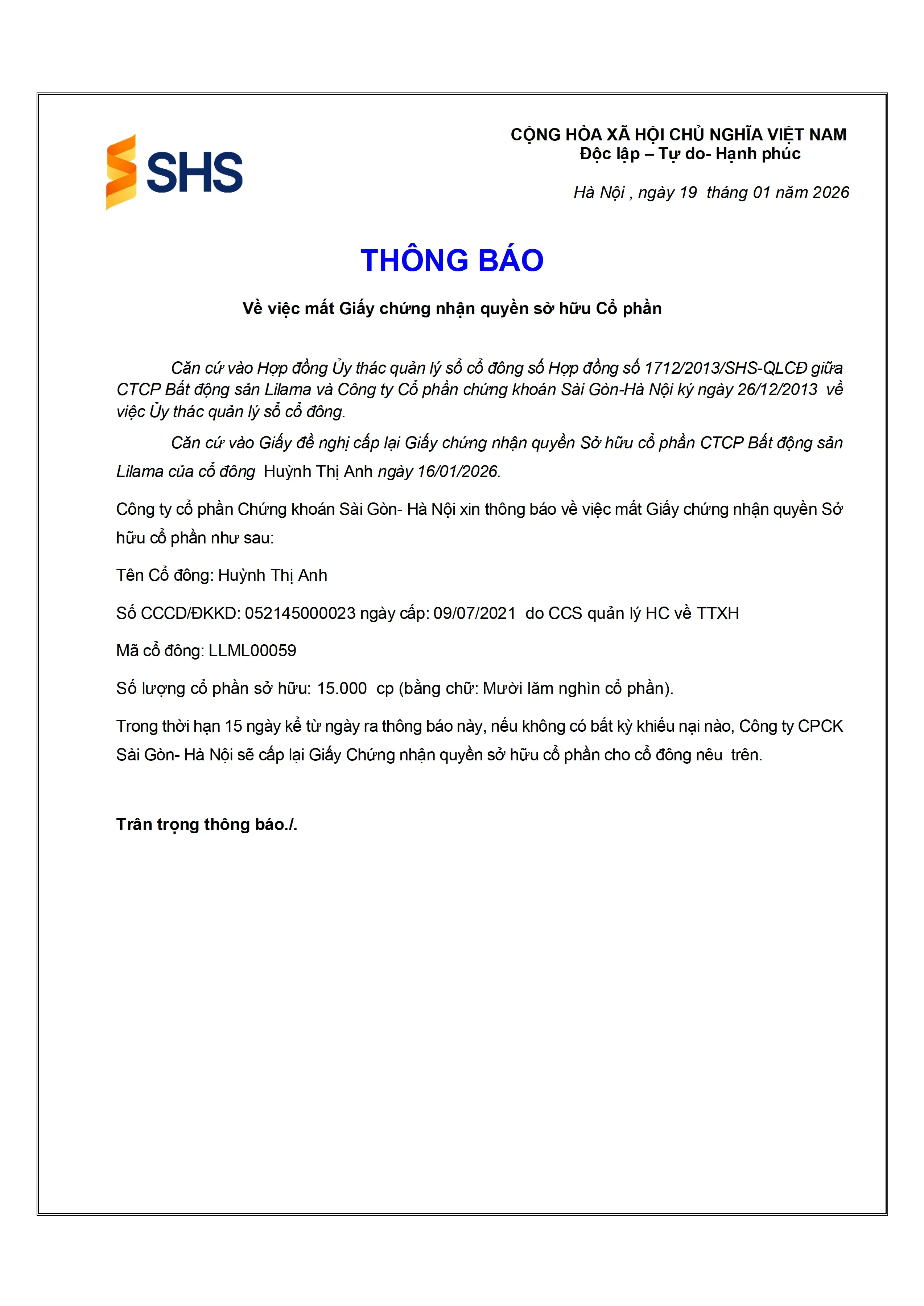 TB mat so Cong ty cp bat dong san Lilama cua Huynh Thi Anh.webp