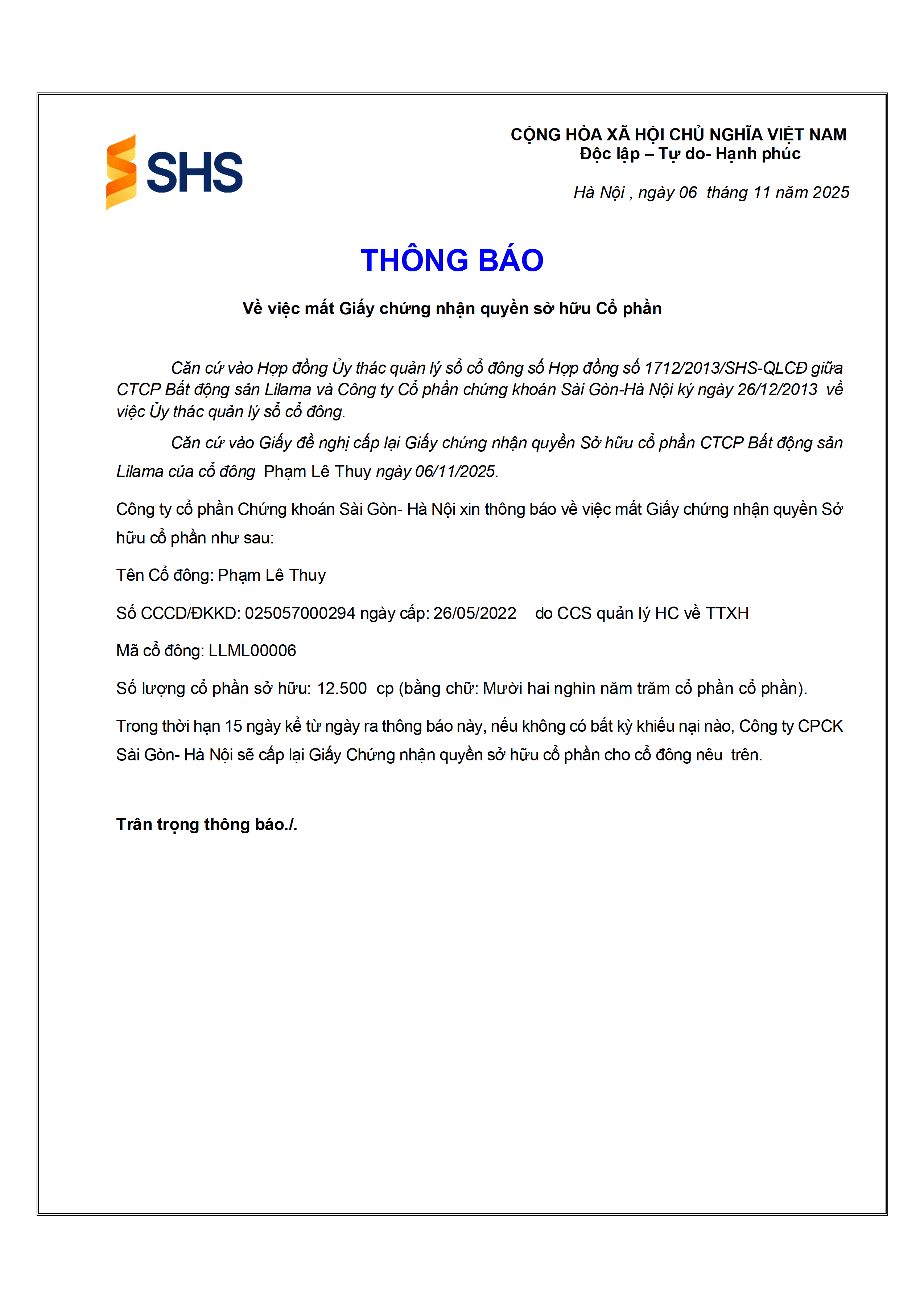 TB mat so Cong ty cp bat dong san Lilama cua Phạm Lê Thuy.png