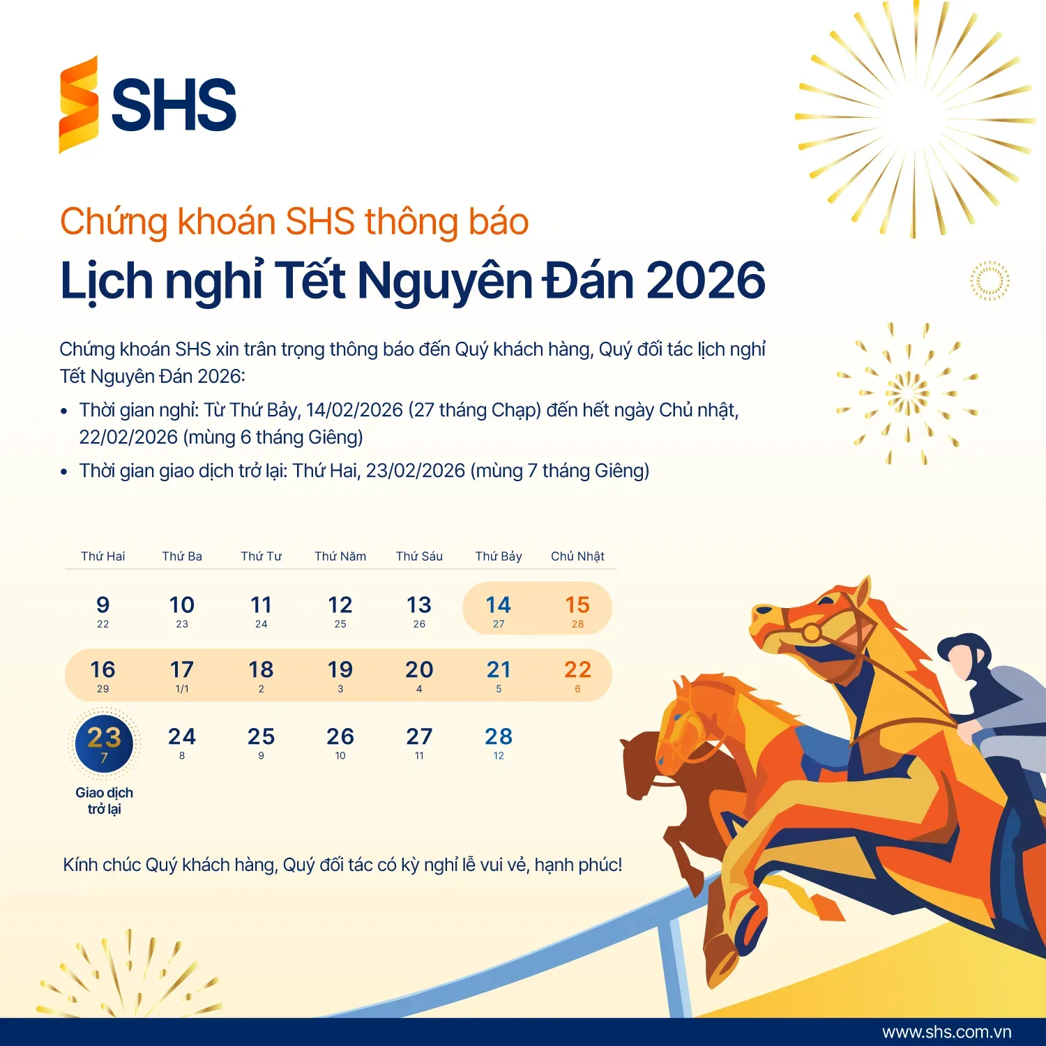 Chứng khoán SHS Thông báo lịch nghỉ Tết Nguyên Đán 2026